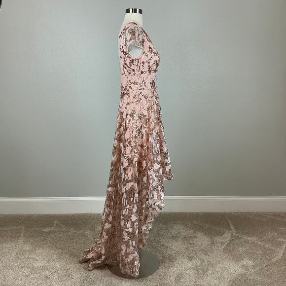 Eliza J Women's Sequined Lace High Low Backless Gown Pink Size 8 Short Sleeve - Picture 4 of 14